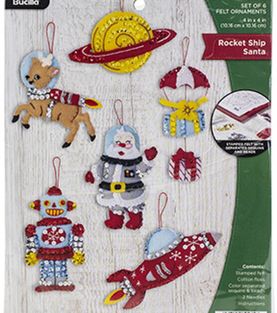 Bucilla Felt Ornaments Applique Kit Set Of 6-Rocket Ship Santa